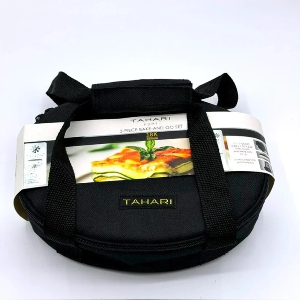 Tahari Home 3-Piece Bake-And-Go Set 1.7Qt Oval Glass Baker Insulated Tote Black